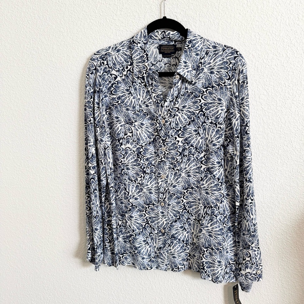 PENDLETON Blouse Women’s Size 12P Shirt‎  Rayon Crepe Floral Blue White
